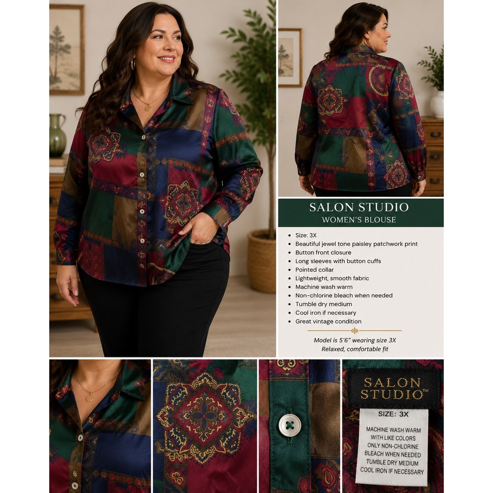 Salon Studio Vintage 90s Jewel Tone Paisley Patchwork Blouse 3X Plus Size